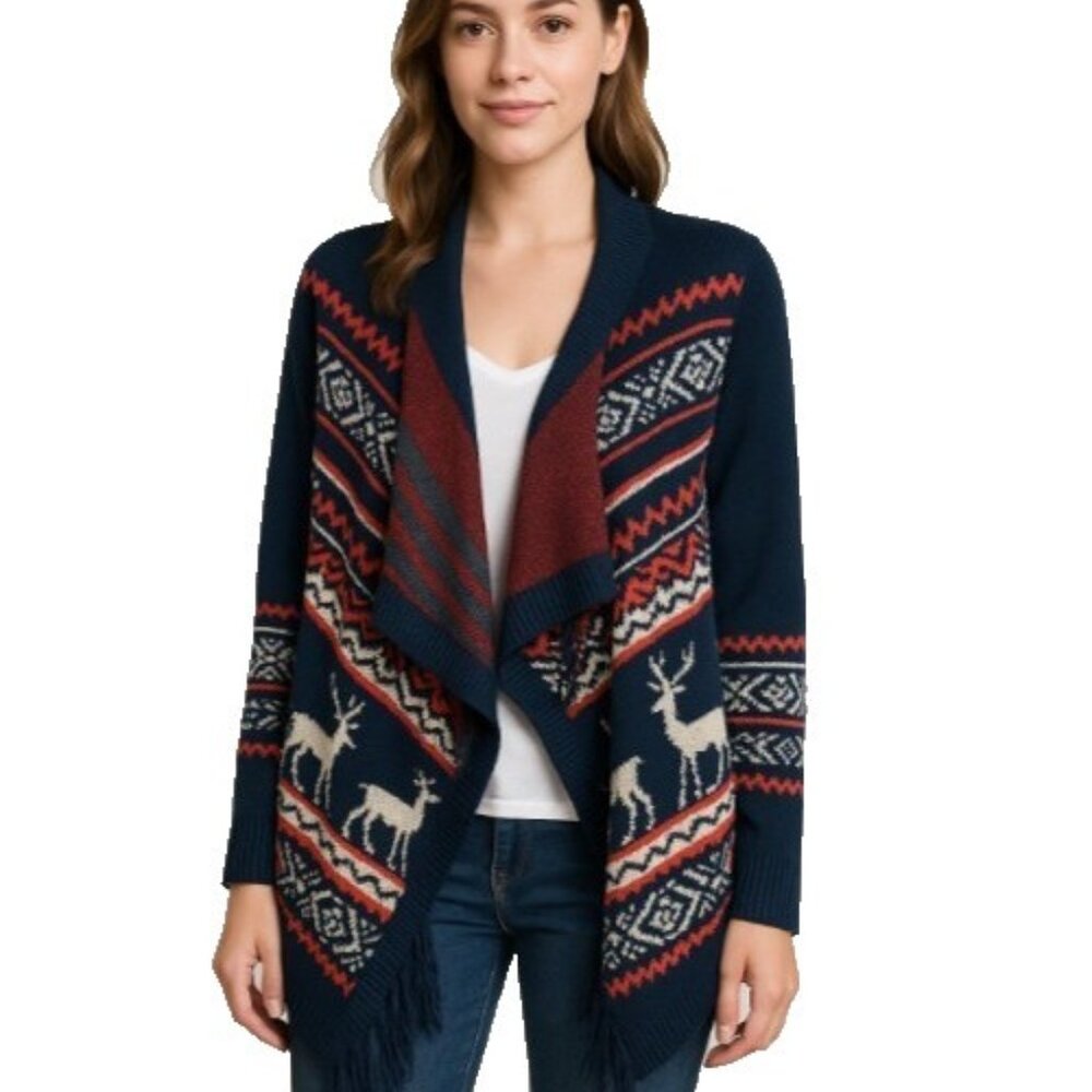 Pink Owl Navy Aztec Reindeer Fringe Open Front Cardigan Sweater Size Small